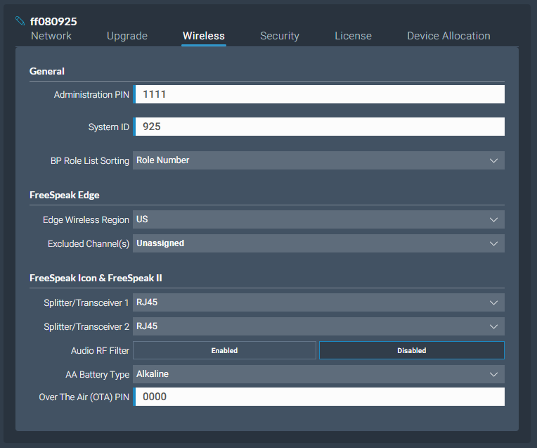 Wireless beltpack system settings