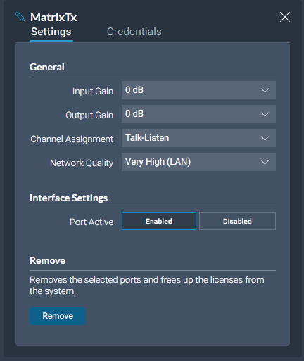 I.V. port settings tab