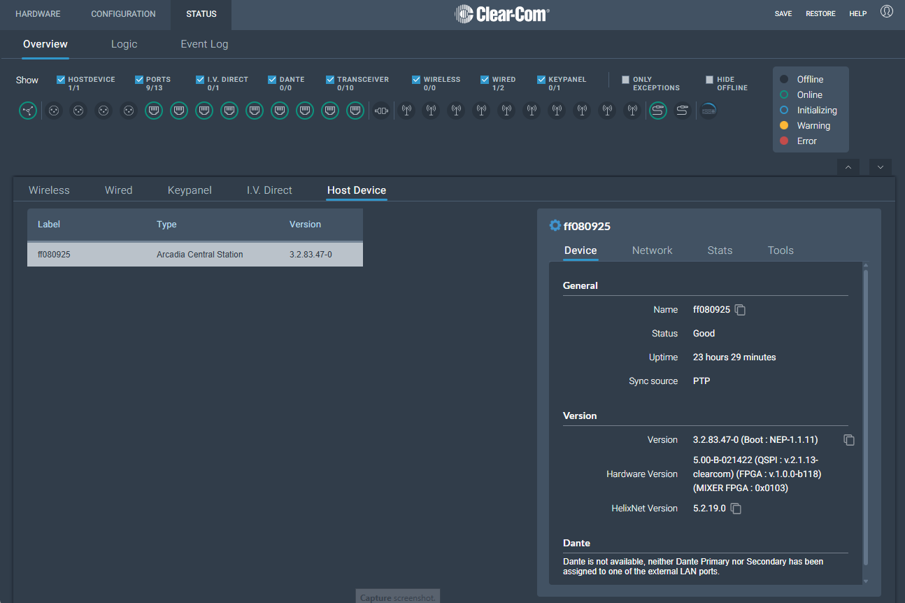 Status overview page Status overview page