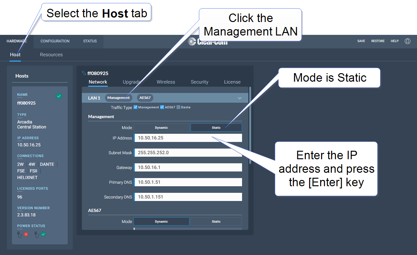 Change Arcadia IP address from the CCM