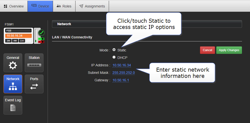 set static IP address in CCM